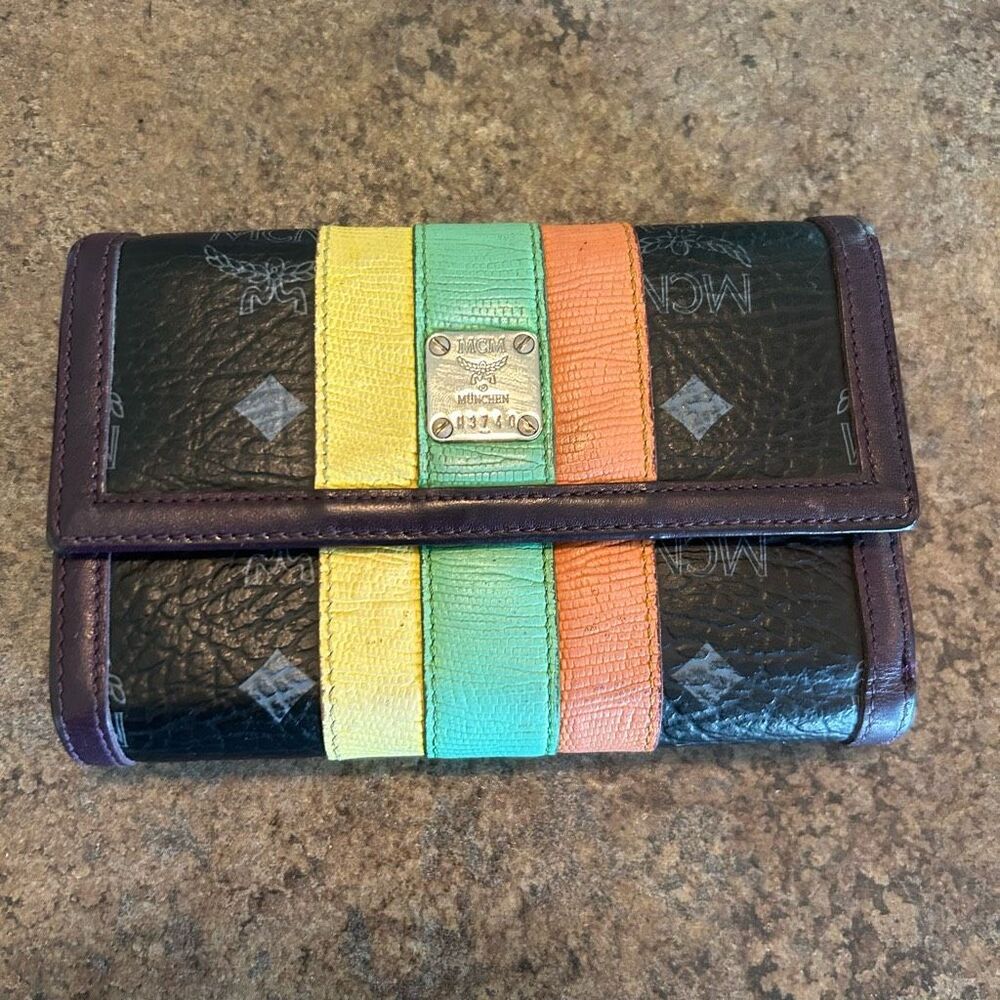 MCM Black Monogram Stripes Snap Short Wallet